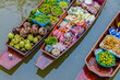Famous floating market in Thailand, Damnoen Saduak floating market, Farmer go to sell organic products, fruits, vegetables and Thai cuisine, Tourists visiting by boat, Ratchaburi, Thailand