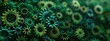 A bright creative background of a mechanism made of green gears.
