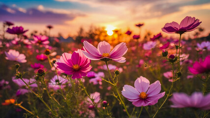 Wall Mural - cosmos flowers blooming on the sunset background