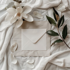 Poster - there is a white envelope and a flower on a bed