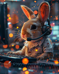 Poster - there is a rabbit wearing a shirt and headphones sitting at a computer