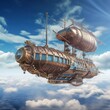 Illustration of a magical hot airship flying in the blue sky.