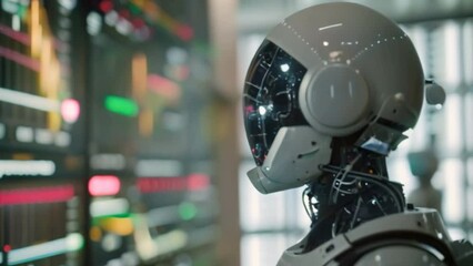Poster - A robot stands in front of a computer screen with lots of numbers and lines showing investment growth. The upward trend continues. This is a symbol of successful investment growth.