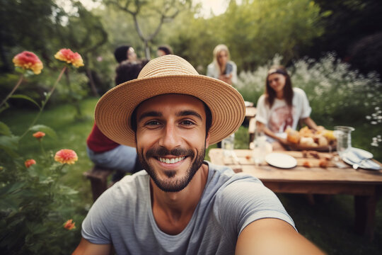 AI generated image of a happy cheerful nice man make video selfie on a summer picnic