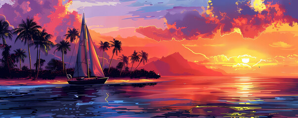 Wall Mural - tropical sunset cruise illustration featuring a small boat on calm blue waters with a tall palm tree in the background