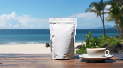 Wall Mural - coffee pouch packaging for mockup standing on the table with beautiful beach background