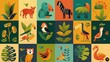 Na ilustracji widzimy grupę różnych typów zwierząt i roślin. Zwierzęta wydają się bawić i eksplorować otoczenie, podczas gdy rośliny rosną w różnych kształtach i kolorach