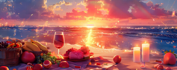 summer beach sunset picnic illustration featuring a wicker basket filled with ripe yellow bananas, a red wine glass, and a white candle, set against a backdrop of blue water