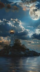 Wall Mural - lighthouse is lit up in dark sky with full moon in background