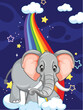 Colorful illustration of elephant under a rainbow