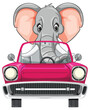 Cartoon elephant in a vibrant pink car