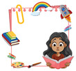 Young girl reading surrounded by creative symbols