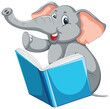 Cartoon elephant enjoying reading a blue book.