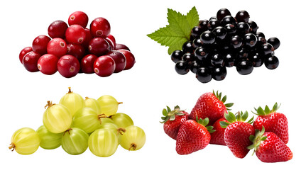 Sticker - Collection of berry berries family fruits in pile group cluster, blackcurrant, cranberry, gooseberry, strawberry on transparent background cutout, PNG file. Mockup template for artwork design