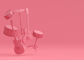 Poster - Set of electric acoustic guitars and drums with cymbals on monochrome background