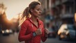 Female runner checking smart watch while running, sunset light.
