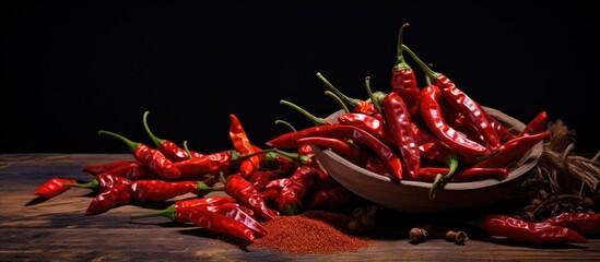 Wall Mural - A copy space image featuring dried chili peppers placed on wooden surface against a dark backdrop