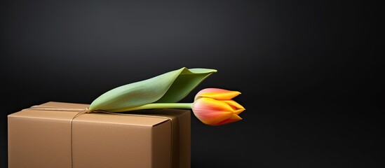 Poster - A spring fresh tulip adorns a carton with a cardboard box providing an image with ample empty space