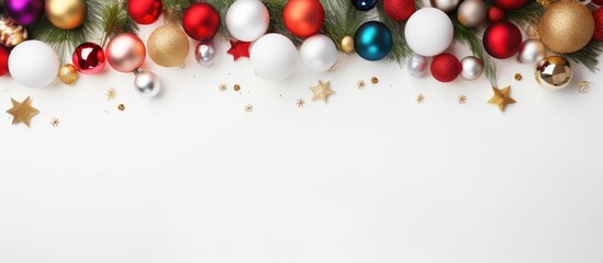 Poster - Colorful balls garland and fir branches adorn a white table where children have crafted DIY homemade Christmas gifts This flat lay image presents a top view with ample room for additional elements