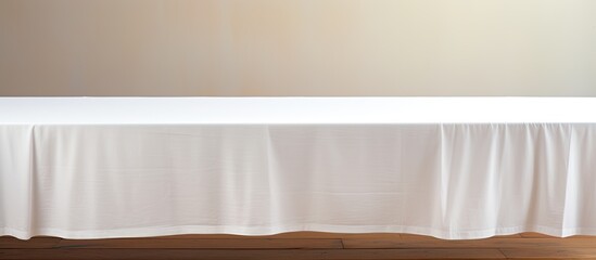 Aufkleber - A clean white tablecloth elegantly covers a pristine wooden table creating a visually pleasing arrangement with space available for adding text or images. Creative banner. Copyspace image