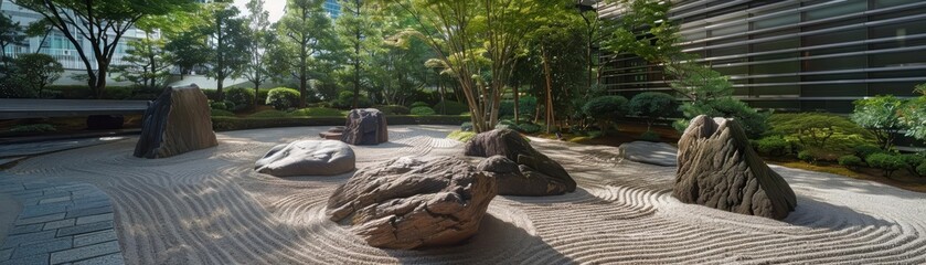 The serene ambiance of a meticulously designed Japanese rock garden introduces a contemplative space in an urban setting