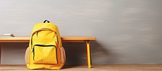 Poster - Copy space image of a yellow backpack filled with school supplies placed on a wooden table providing an empty background for potential usage