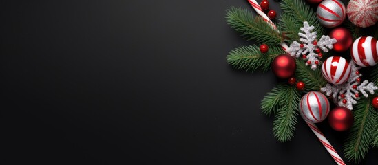 Aufkleber - A top down frame copy space image of a festive New Year greeting card design featuring a Christmas candy cane a vibrant tree and decorative balls arranged on a black background