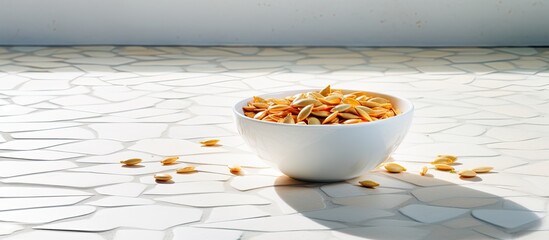 Wall Mural - A white bowl filled with pumpkin seeds is placed on a terrazzo countertop leaving empty space for additional content in the image