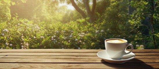 Aufkleber - An outdoor coffee scene with a white cup of coffee placed on a wooden table creating a cozy and rustic atmosphere with a copy space image