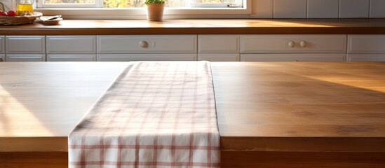Poster - A light wood countertop covered with a tablecloth adorned with a linen kitchen towel or textile napkin Copy space image