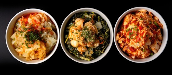 Wall Mural - Top view of a copy space image featuring Korean homemade fermented side dish food Kimchi cabbage against a white background