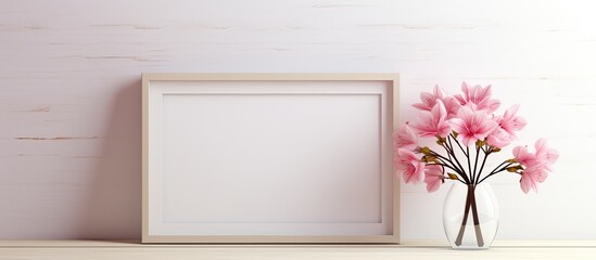 Leinwandbilder - A copy space image of a photo frame with pink flowers on a wooden shelf