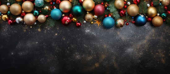 Aufkleber - A festive Christmas scene featuring a vibrant Christmas tree adorned with colorful toys and sequined balls The image is seen from a top view with a flat surface providing ample space for custom inscr