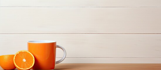 Sticker - A copy space image of an orange cup sits on a wooden table standing out against a white background