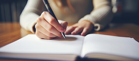 Poster - Close up image of a girl s hand holding a pen and writing on a notebook note pad with ample copy space