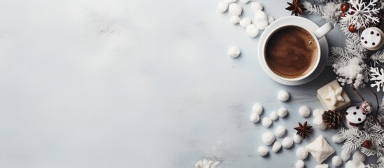 Aufkleber - A cozy winter themed cup filled with hot cocoa or chocolate adorned with marshmallows and cinnamon placed on a grey background The image is taken from a top down view leaving ample space for addition