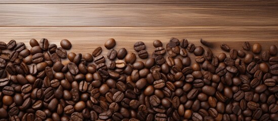 Aufkleber - Top view of roasted coffee beans scattered on a light wooden table with copy space image