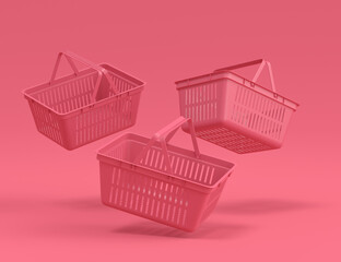 Set of flying plastic basket from supermarket for online shopping on monochrome