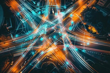Wall Mural - High angle view of a busy city intersection at night with a complex network of roads and highways illuminated by streetlights