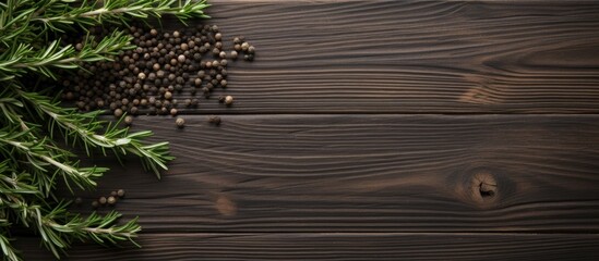 Sticker - Dark wooden background with a sprig of rosemary and black pepper providing ample copy space for text