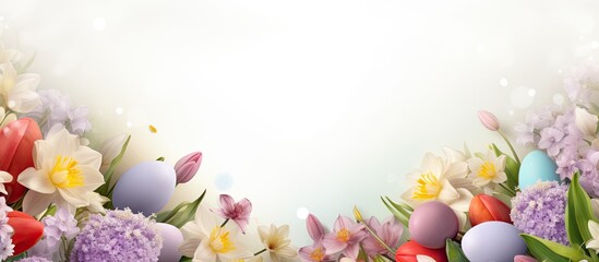 Leinwandbilder - A festive banner for Spring and Easter holidays An inviting frame filled with flowers eggs and ample copy space for well wishes