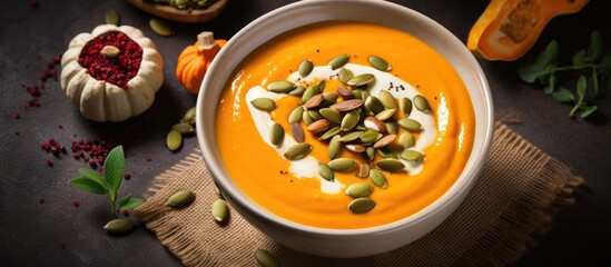 Aufkleber - A creamy flavorful soup made with roasted pumpkin carrots and topped with pumpkin seeds all in a beautiful copy space image