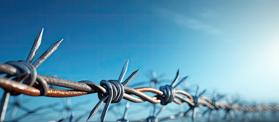 Canvas Print - Copy space image of a fence with iron barbed wire creating a symbolic representation of freedom against a blue sky backdrop with a shallow depth of field