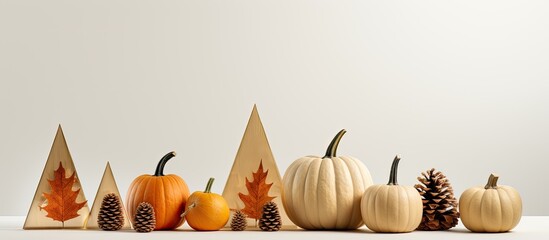 Leinwandbilder - Autumn themed product presentation featuring geometric figures pumpkins and acorns on a light grey background Ideal for copy space image