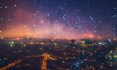 Wall Mural - Starry Night Sky with City Lights: 3D Rendering for Desktop Backgrounds and Space-Themed Advertisements,