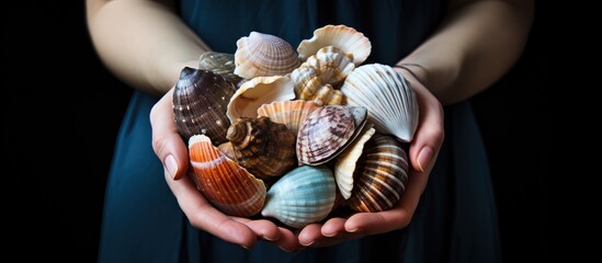 Poster - A female hand holding a variety of seashells with a copy space image