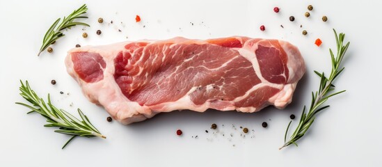 Sticker - Top view copy space image of raw fresh pork seasoned with rosemary placed on wax paper set against a white background Perfect for cooking various delicious recipes