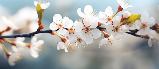 Aufkleber - The apricot tree blossoms in spring displaying beautiful white flowers A macro image captures this natural seasonal background leaving space for text or other elements. Creative banner