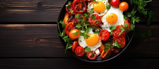 Aufkleber - Top view of a delicious dish consisting of fried eggs tomatoes and fresh vegetables set against a black wooden background providing ample copy space for your text