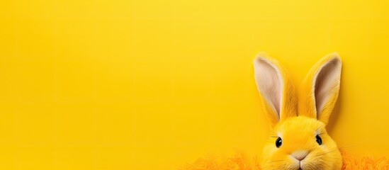 Aufkleber - A yellow velvet bunny is displayed on a yellow background with copy space image at the top and bottom creating a flat lay easter and kids party concept